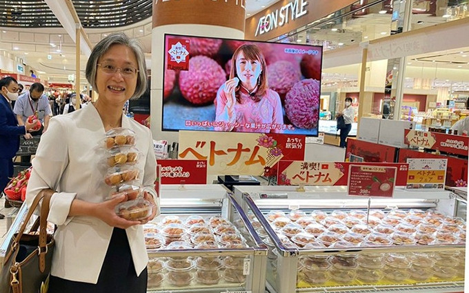 Consumidores japoneses compran lichi vietnamita en la ceremonia de apertura. (Fotografía: kinhtedothi)