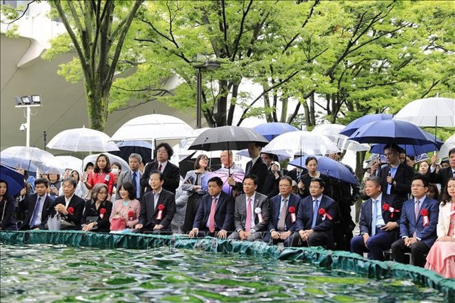 Los delegados vietnamitas y numerosos invitados japoneses disfrutan del arte tradicional vietnamita de las marionetas acuáticas. (Foto: VNA)