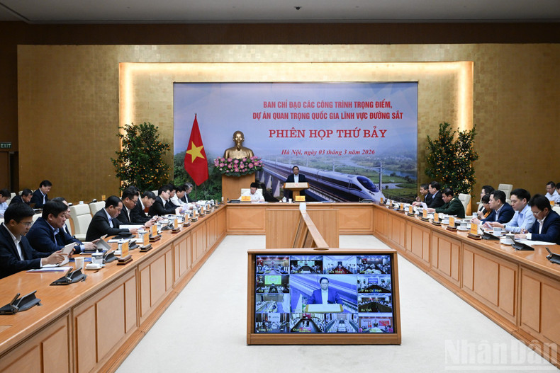 La reunión se celebra de forma presencial en la Oficina del Gobierno y en línea con 21 provincias y ciudades por donde pasan los proyectos ferroviarios. (Foto: VNA)