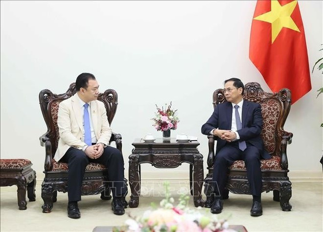 El viceprimer ministro vietnamita Bui Thanh Son recibe a Kounlaphanh Vongnathy, vicepresidente del Grupo Phongsupthavy. (Foto: VNA)