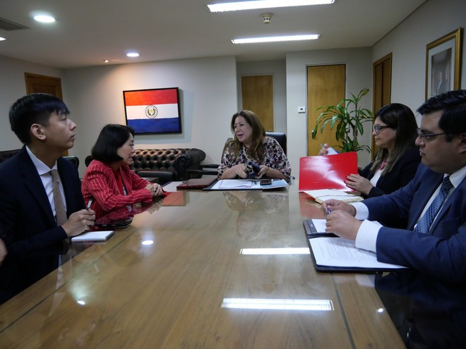 La embajadora Ngo Minh Nguyet y la directora general de Política Multilateral del Ministerio de Relaciones Exteriores de Paraguay, Nimia Da Silva Boschert, dialogan sobre medidas para promover la cooperación política, económica y comercial entre ambos países (Foto: VNA)