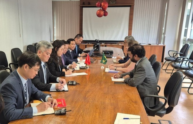 Una delegación del Departamento de Política Estratégica del Comité Central del Partido Comunista de Vietnam, encabezada por el subjefe Nguyen Duc Hien, trabaja con la Agencia de Cooperación (ABC) del Ministerio de Relaciones Exteriores de Brasil. (Foto: VNA)