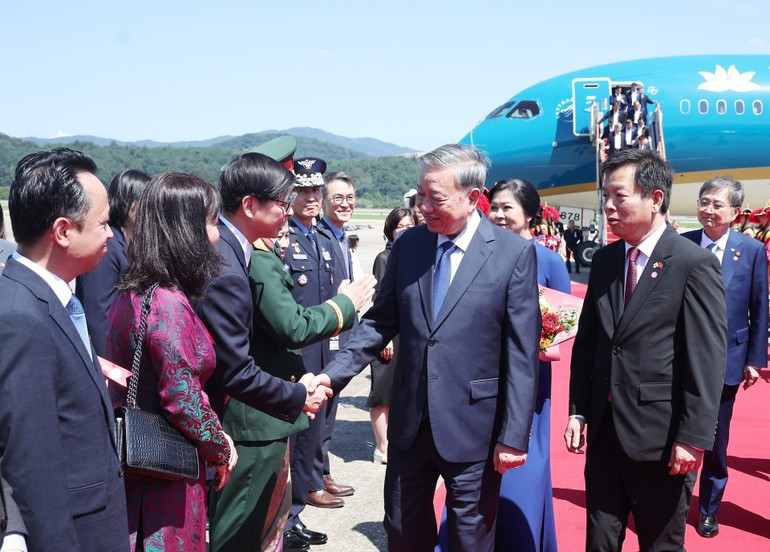 Funcionarios y empleados de la Embajada de Vietnam, junton con los miembros de la comunidad vietnamita en Corea del Sur, reciben a To Lam y su esposa en el aeropuerto militar de Seongnam, Seúl. (Foto: Thong Nhat/VNA) Funcionarios y empleados de la Embajada de Vietnam, junton con los miembros de la comunidad vietnamita en Corea del Sur, reciben a To Lam y su esposa en el aeropuerto militar de Seongnam, Seúl. (Foto: Thong Nhat/VNA)
