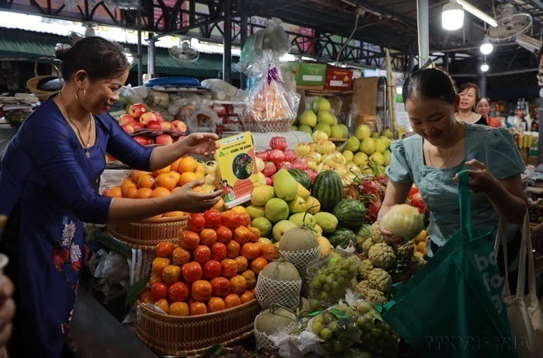 Residentes de la ciudad de Hue utilizan bolsas de tela para hacer sus compras en el mercado de Dong Ba, promoviendo la concienciación y el hábito de limitar la dependencia del plástico en la vida diaria. (Foto: VNA) anh-2-2.jpg
