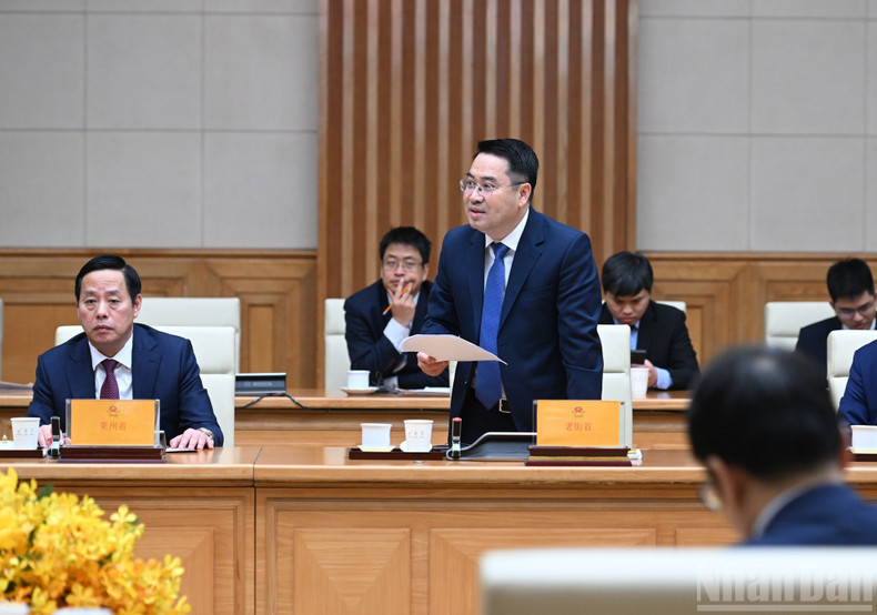 El presidente del Comité Popular de la provincia de Lao Cai, Nguyen Tuan Anh, interviene en el encuentro.