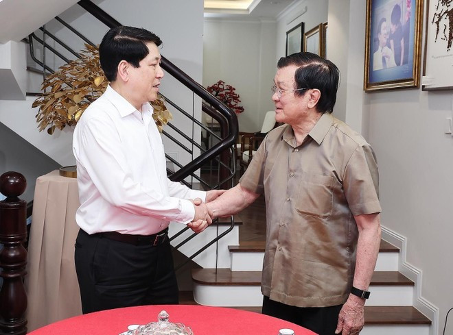 El presidente vietnamita, Luong Cuong, se reúne con el exmandatario Truong Tan Sang. (Foto: VNA)