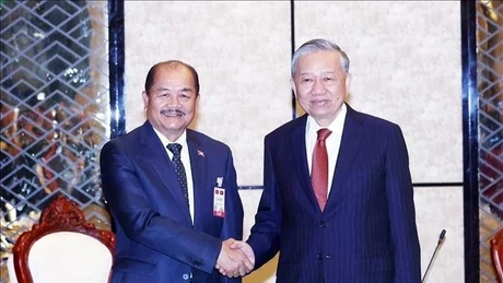 El secretario general del Partido Comunista de Vietnam, To Lam, (derecha) y el presidente del Frente laosiano para la Construcción Nacional, Kikeo Khaykhamphithoune. (Foto: VNA)
