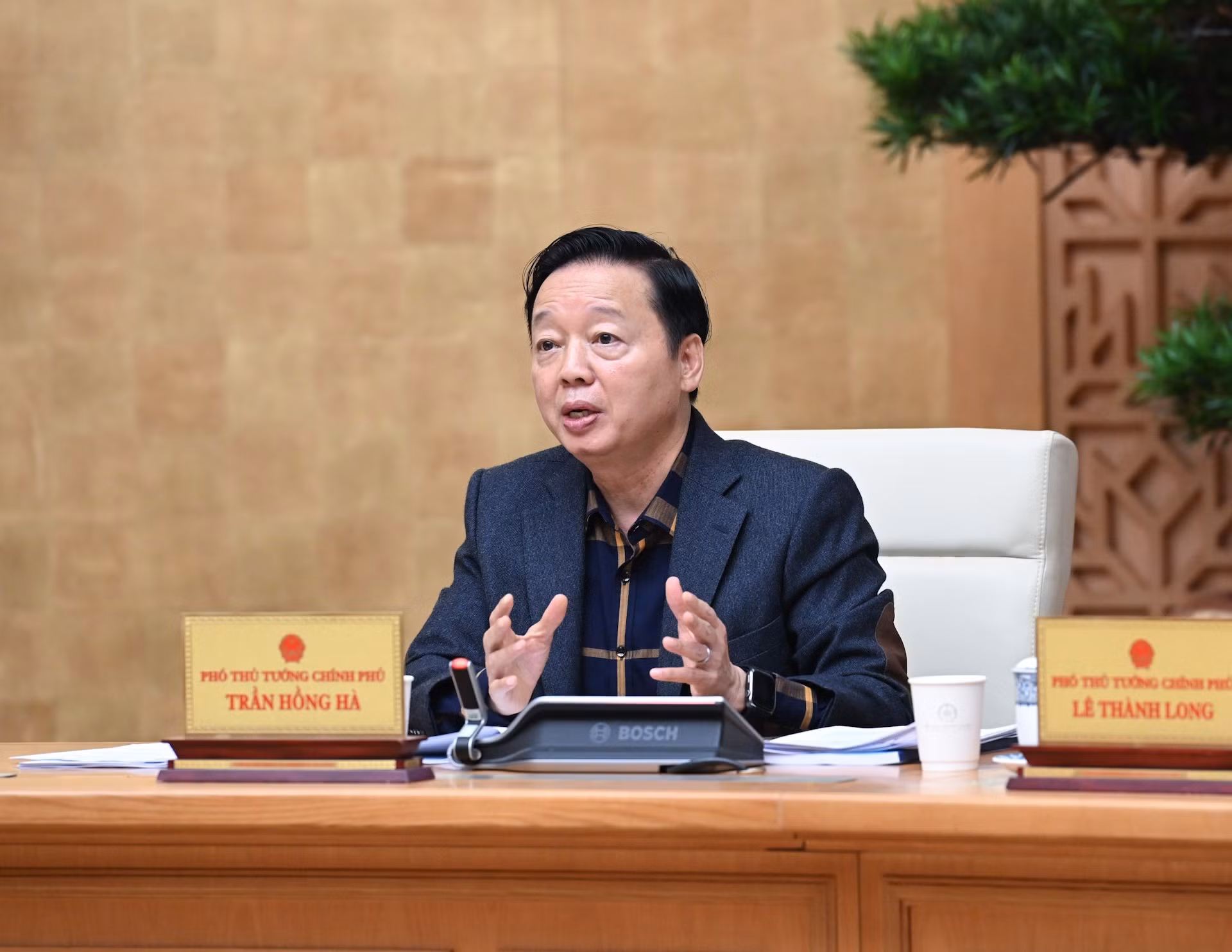 El viceprimer ministro Tran Hong Ha habla en la reunión.