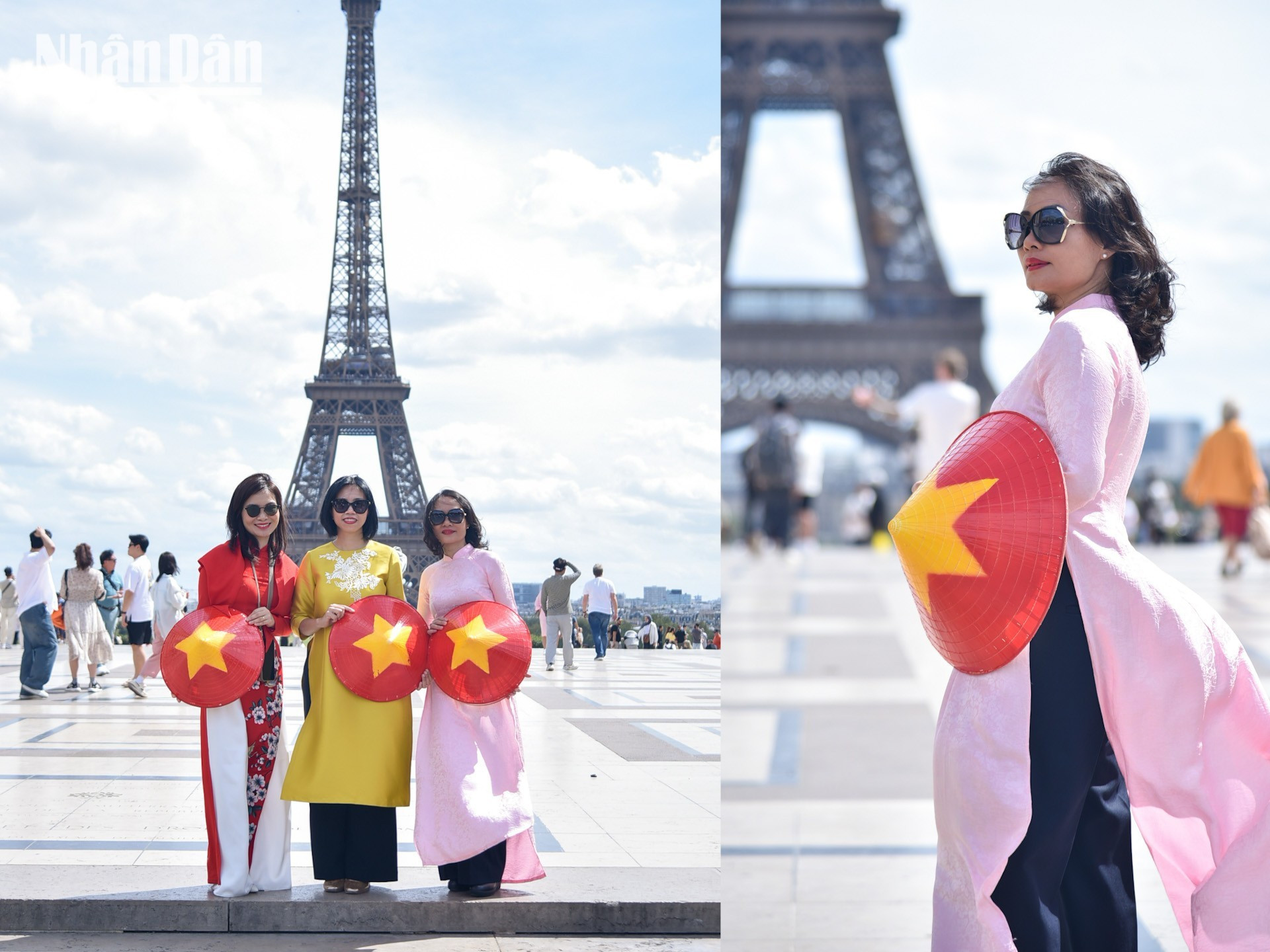 Bandera nacional de Vietnam en el centro de París.