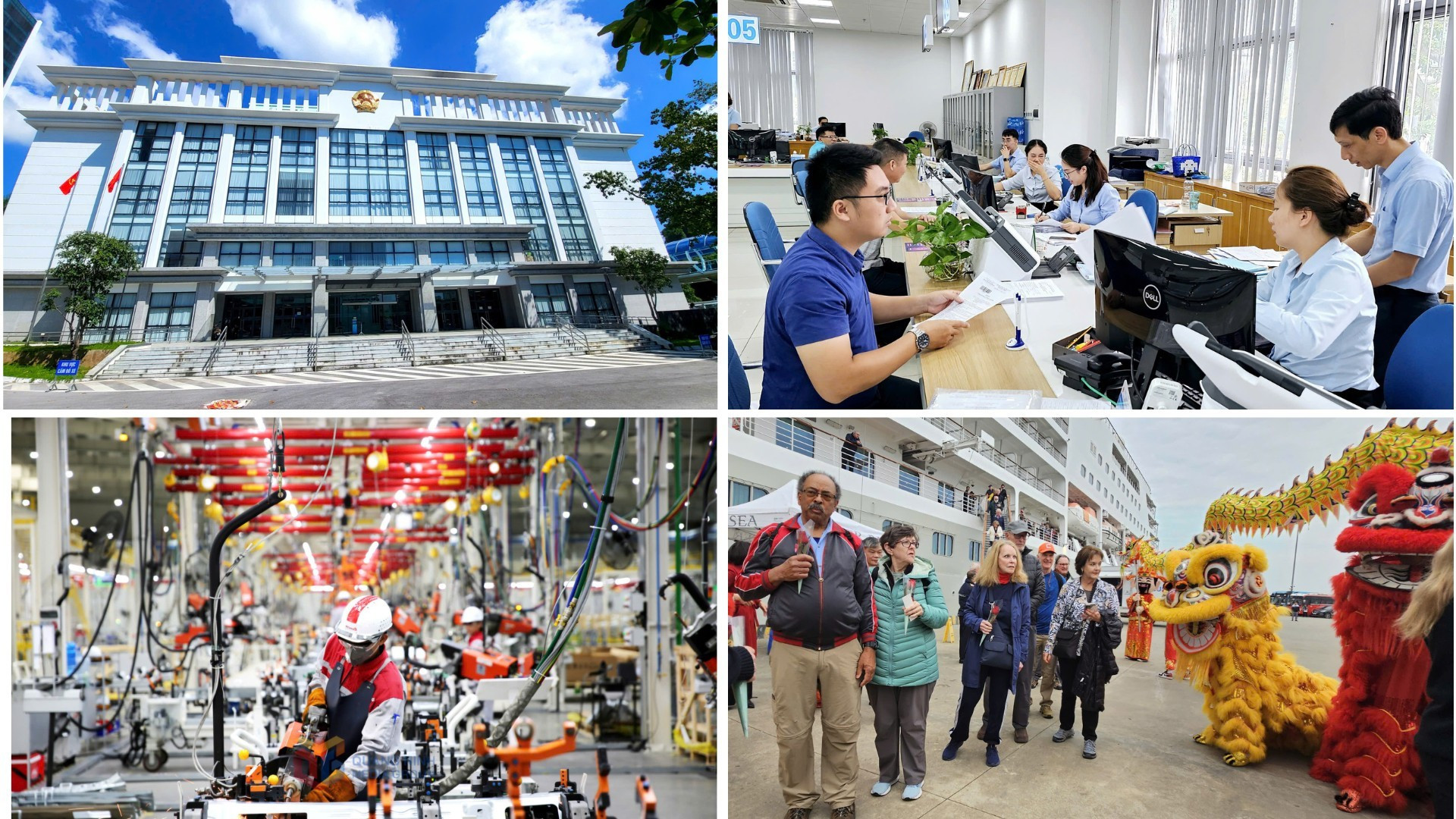Centro de Servicios de Administración Pública de la provincia de Quang Ninh; ciudadanos y empresas realizan trámites administrativos en el Centro de Servicios de Administración Pública de Quang Ninh; fábrica de automóviles Thanh Cong Viet Hung; y turistas internacionales llegan a Ha Long por vía marítima. (De arriba abajo, de izquierda a derecha).