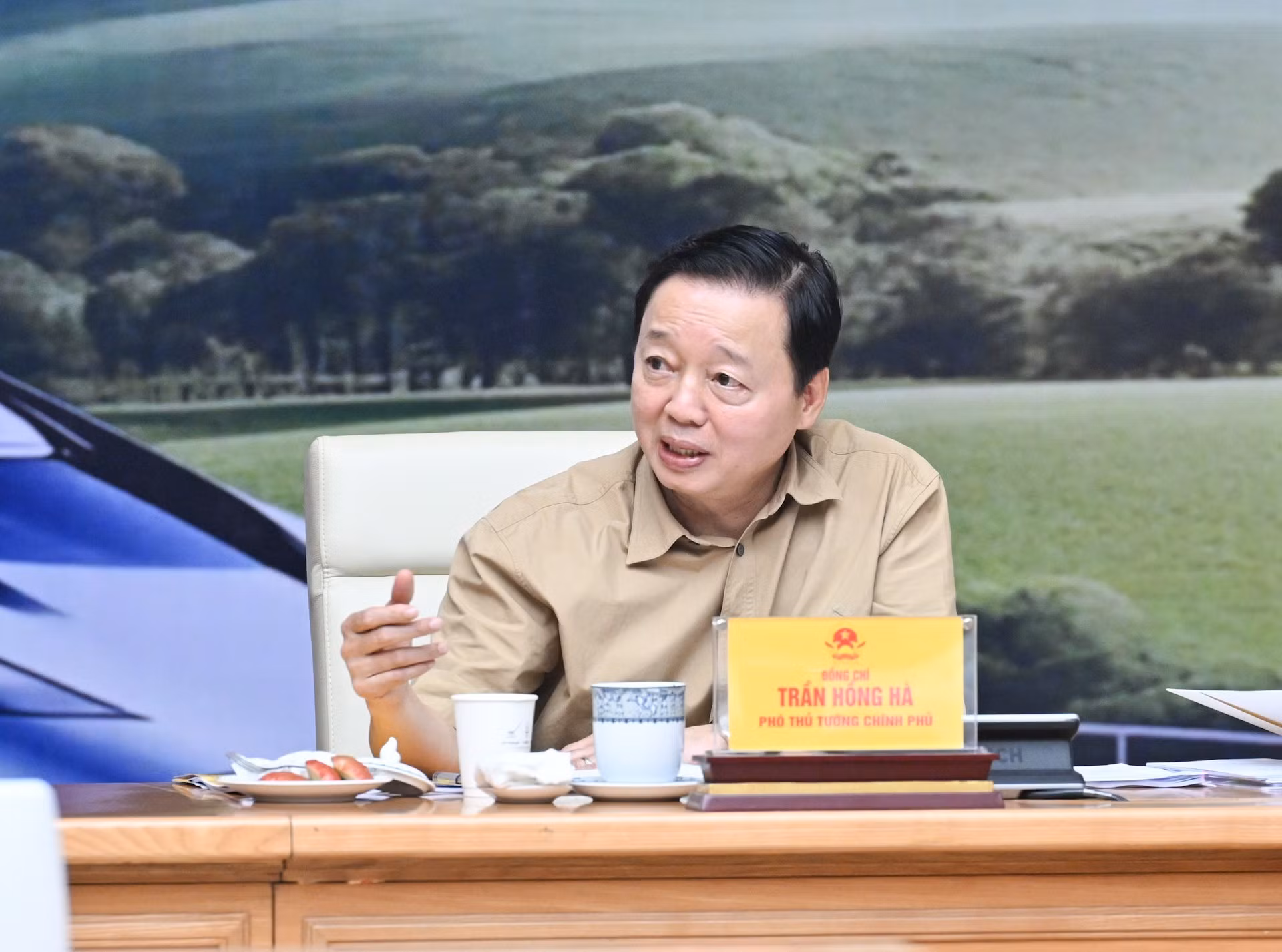 El viceprimer ministro Tran Hong Ha habla en la conferencia.