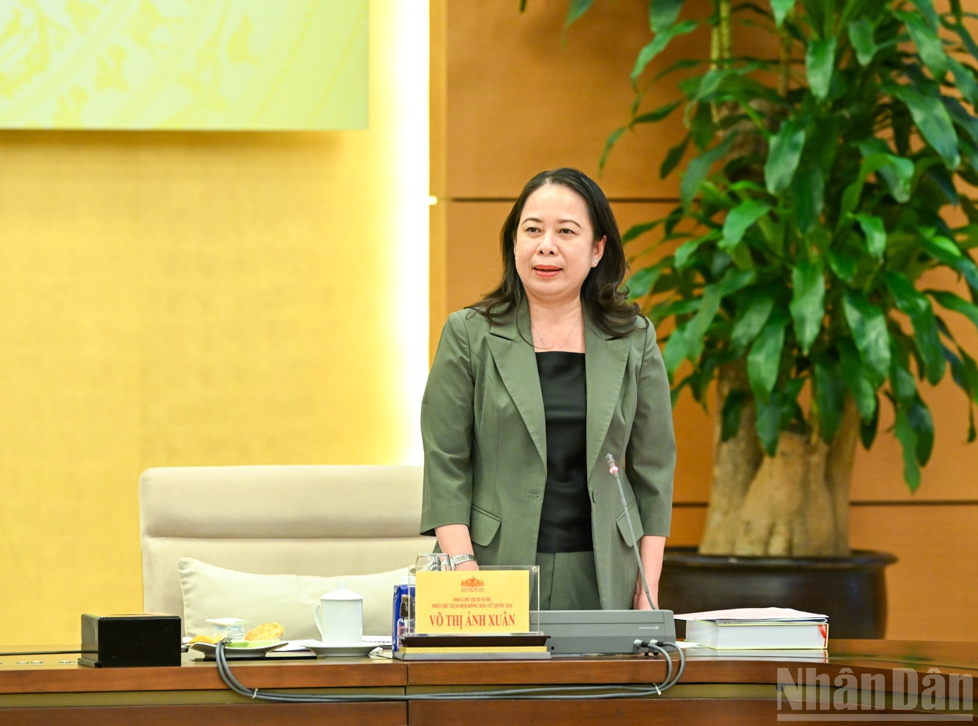 La vicepresidenta Vo Thi Anh Xuan habla en la reunión.