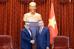 El secretario general del Partido y presidente de Vietnam, To Lam, recibe al embajador de Palestina, Saadi Salama. (Foto: VNA)