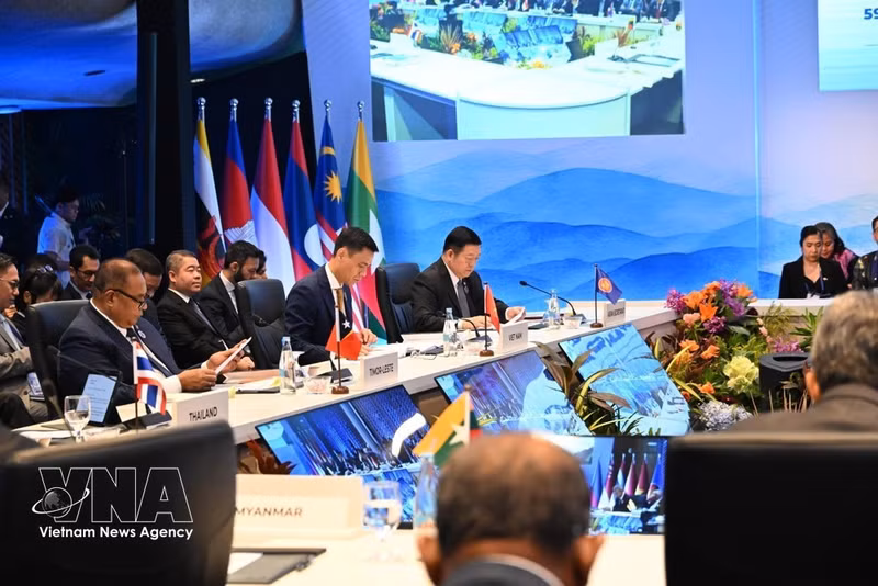 El viceministro de Relaciones Exteriores de Vietnam, Dang Hoang Giang (tercero desde la izquierda), jefe de la delegación vietnamita ante la Reunión de Altos Funcionarios de la Asean (SOM), asiste a la sesión plenaria (Foto: VNA)