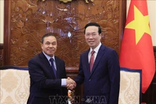 El presidente de Vietnam, Vo Van Thuong (derecha), recibe al embajador de Laos, Sengphet Houngboungnuang. (Foto: VNA)