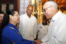 La vicesecretaria del Comité del Partido Comunista de Vietnam en Ciudad Ho Chi Minh y presidenta del Consejo Popular de esta urbe vietnamita, Nguyen Thi Le, es recibida por Luis Antonio Torres Iríbar, primer secretario del Partido Comunista de Cuba en La Habana. (Fuente:VNA)
