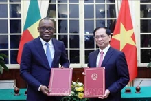 El ministro de Relaciones Exteriores, Bui Thanh Son (derecha), y su homólogo beninés, Olushegun Adjadi Bakari, intercambian el Memorando de Entendimiento sobre cooperación entre las dos Cancillerías tras sus conversaciones. (Foto: VNA)