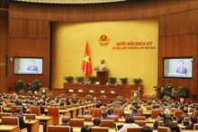 El presidente de la Asamblea Nacional de Vietnam, Vuong Dinh Hue, interviene en la reunión. (Fotografía: VNA)