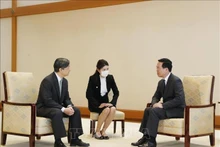 El presidente de Vietnam, Vo Van Thuong (derecha), conversa con el emperador japonés Naruhito. (Foto: VNA)