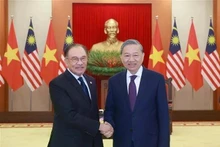 El secretario general del Partido Comunista de Vietnam, To Lam (derecha.), estrecha la mano del primer ministro de Malasia, Anwar Ibrahim. (Foto: VNA)