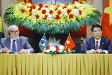 El presidente vietnamita, Luong Cuong (derecha), y su homólogo brasileño, Luiz Inácio Lula da Silva, se reúnen con la prensa en Hanoi el 28 de marzo. (Foto: VNA)