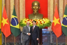 El presidente Luong Cuong y su similar, Luiz Inácio Lula da Silva, en la ceremonia de bienvenida.