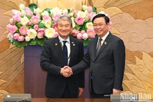 El presidente de la AN, Vuong Dinh Hue, saluda a los dirigentes de Keidanren.