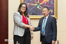 Vu Hai Ha, jefe de la Comisión de Relaciones Exteriores de la Asamblea Nacional de Vietnam, y Salma Benaziz, presidenta de la Comisión de Asuntos Exteriores, Defensa Nacional, Asuntos Islámicos y Marroquíes Residentes en el Extranjero de la Cámara de Representantes. (Foto: VNA)