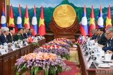 En la reunión entre el presidente de Vietnam, Luong Cuong y el secretario general del Partido Popular Revolucionario y presidente de Laos, Thongloun Sisoulith. (Foto: Nhan Dan)