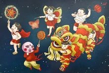 La obra "Procesión de faroles en el Festival del Medio Otoño" del artista Tien Kim. 