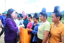 La vicepresidente Vo Thi Anh Xuan entrega obsequios a los afectados por inundaciones. (Foto: VNA)