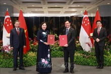 El secretario general PCV, To Lam, y el primer ministro y secretario general del gobernante Partido de Acción Popular de Singapur, Lawrence Wong, presencian la firma del Memorando de Entendimiento sobre cooperación en innovación financiera entre el Banco Estatal de Vietnam y la Autoridad Monetaria de Singapur. (Foto: VNA)