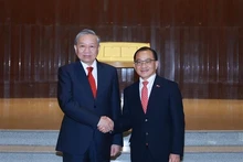 El secretario general del Partido Comunista de Vietnam, To Lam (izquierda), se reúne con el presidente del Parlamento de Singapur, Seah Kian Peng. (Foto: VNA)