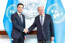 El embajador Dang Hoang Giang (izquierda), jefe de la misión permanente de Vietnam ante la ONU, se reúne con el secretario general de la institución multilateral, António Guterres. (Foto: VNA)