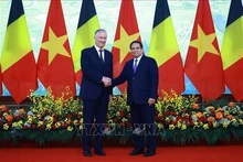 El primer ministro Pham Minh Chinh (derecha) recibe al rey Felipe de Bélgica (Foto: VNA)