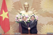 El presidente de la Asamblea Nacional de Vietnam (ANV), Vuong Dinh Hue, recibe al exsecretario general del Partido Liberal Democrático de Japón y presidente de la Alianza Parlamentaria de Amistad entre los dos países, Nikai Toshihiro. (Foto: VNA)