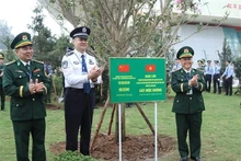 Los delegados del programa plantan un árbol en el paso fronterizo internacional de Huu Nghi (Foto: VNA)