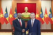 El secretario general del Partido Comunista de Vietnam (PCV), To Lam (derecha) recibe al primer ministro etíope y presidente del Partido de Prosperidad (PP) de Etiopía, Abiy Ahmed Ali. (Foto: VNA)