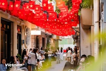 Los pequeños callejones, cubiertos de banderas, también se han convertido en lugares ideales para que los jóvenes hagan check-in. (Foto: VNA)