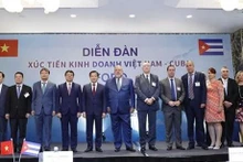 El primer ministro cubano, Manuel Marrero Cruz, y el viceprimer vietnamita Le Minh Khai, junto con los delegados en el evento. (Fotografía: VNA)