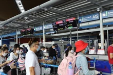Ciudadanos vietnamitas, que trabajan en Malasia, esperan en fila para realizar procedimientos aduaneros. (Foto de VNA)
