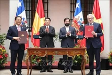 El presidente de Vietnam, Luong Cuong, y su homólogo chileno, Gabriel Boric, testimonian la firma de la declaración conjunta entre los dos ministerios de Relaciones Exteriores. (Foto: VNA)