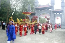 Procesión de palanquín en el Festival Tradicional de la Cueva Hoa Lu. (Foto: VNA)