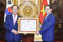 El ministro de Relaciones Exteriores, Bui Thanh Son, entrega la Medalla de la Amistad al embajador de Corea del Sur en el país, Park Noh Wan. (Fotografía: VNA)