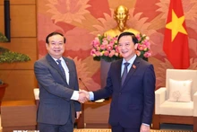 El vicepresidente de la Asamblea Nacional de Vietnam Nguyen Khac Dinh recibe a Sanya Praseuth, presidente de la Comisión de Asuntos Exteriores de la Asamblea Nacional de Laos. (Foto: VNA)