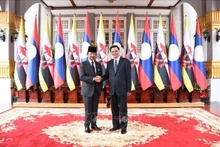 El secretario general del Partido Popular Revolucionario y presidente de Laos, Thongloun Sisoulith,(Derecha), y el sultán de Brunéi, Haji Hassanal Bolkiah, en la ceremonia de recepción de este último en Laos. (Fotografía: VNA)