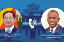 El canciller de Vietnam, Bui Thanh Son, mantiene una llamada telefónica con el ministro de Relaciones Exteriores y Cooperación de Benín, Olushegun Adjadi Bakari. 