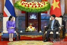 El presidente vietnamita, Luong Cuong, recibe a la primera ministra tailandesa, Paetongtarn Shinawatra. (Foto: Nhan Dan)