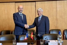 Do Van Chien, presidente del Comité Central del Frente de la Patria de Vietnam en la sesión de trabajo con el presidente del Consejo Económico, Social y Ambiental (CESE) Thierry Beaudet (Foto: VNA)