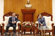 La vicepresidenta permanente de la Asamblea Nacional de Laos, Sounthone Xayachak, recibe al auditor general estatal de Vietnam, Ngo Van Tuan. (Fotografía: VNA)